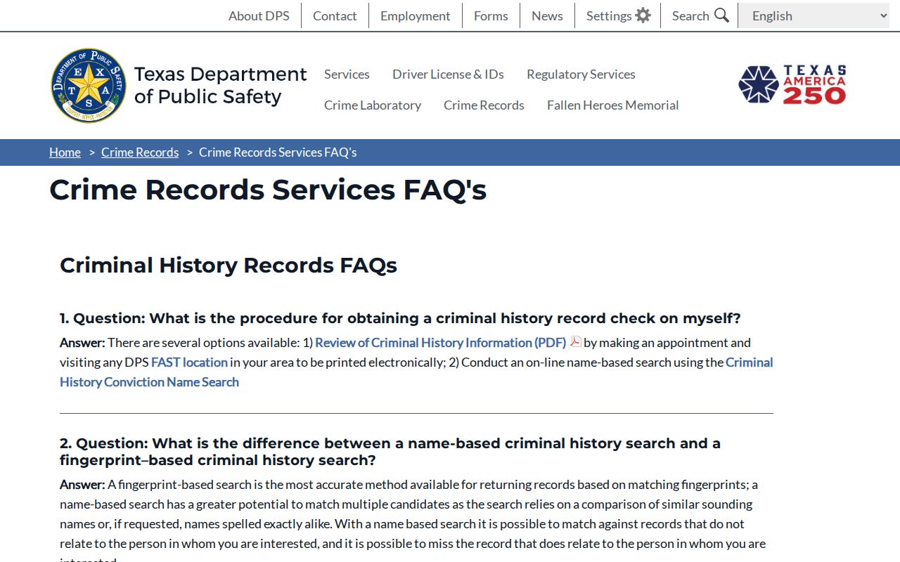 Motley County arrest history reporting and Texas DPS record checks