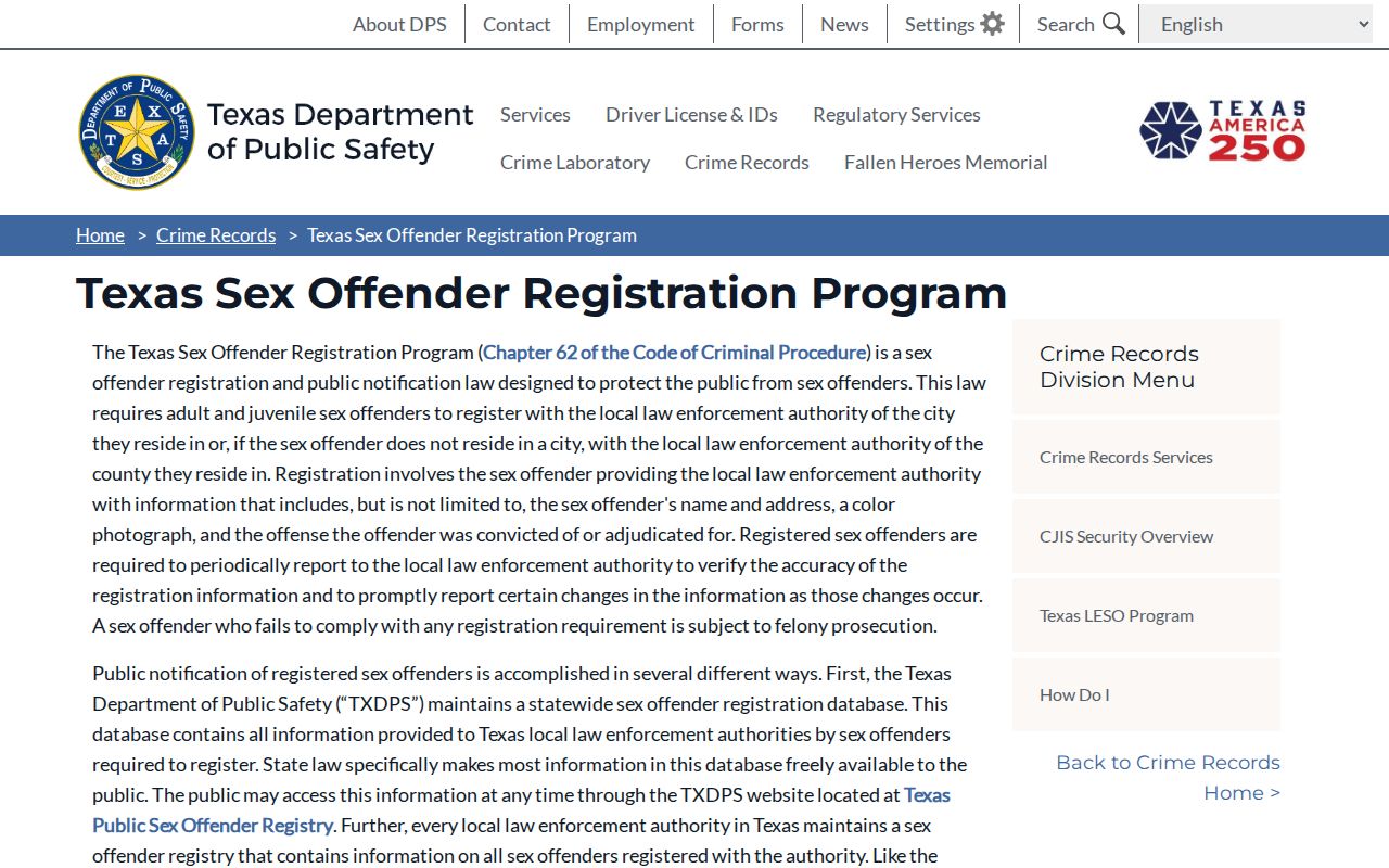 Motley County sex offender check on the Texas DPS registration program page