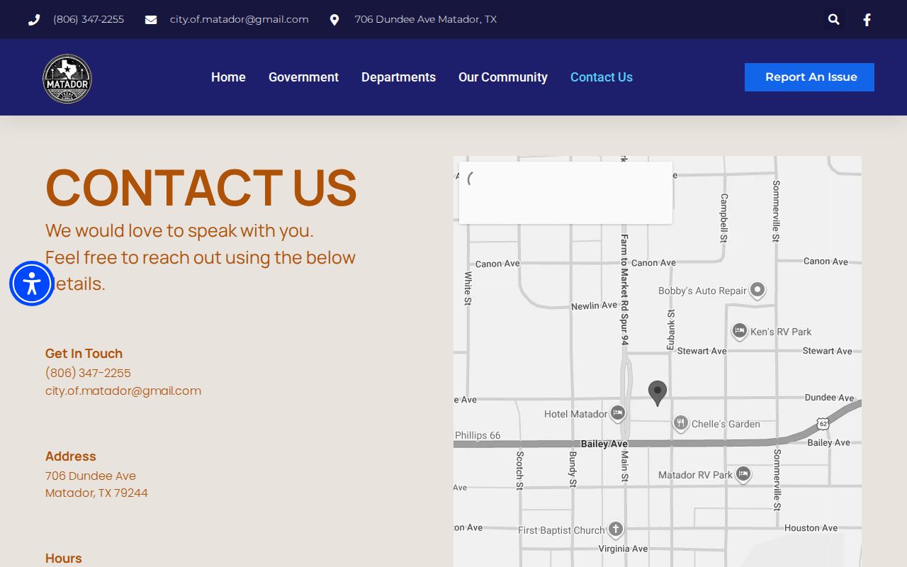 Matador City Hall contact page for local criminal history routing