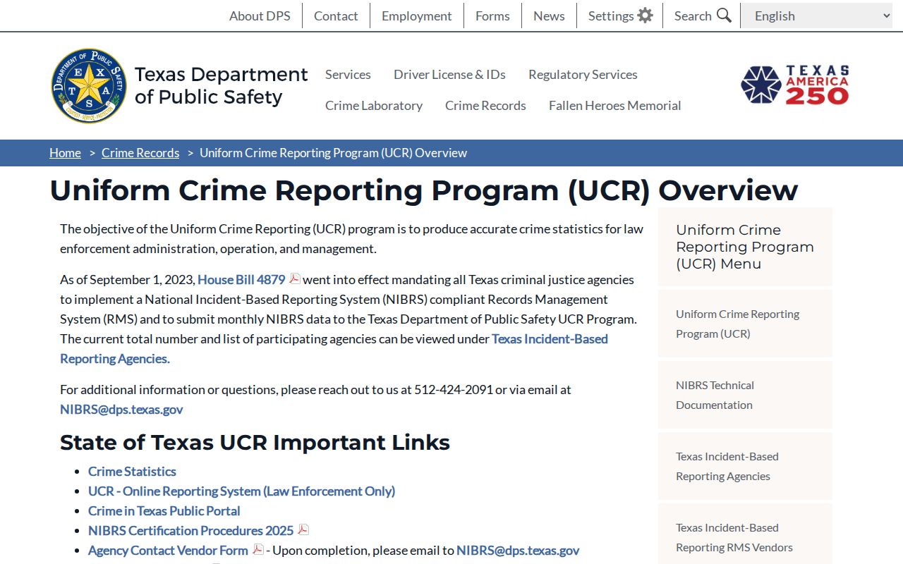Texas NIBRS framework used for Matador area criminal record reporting
