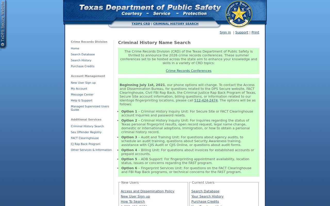 Texas DPS portal used as a Roaring Springs criminal history fallback