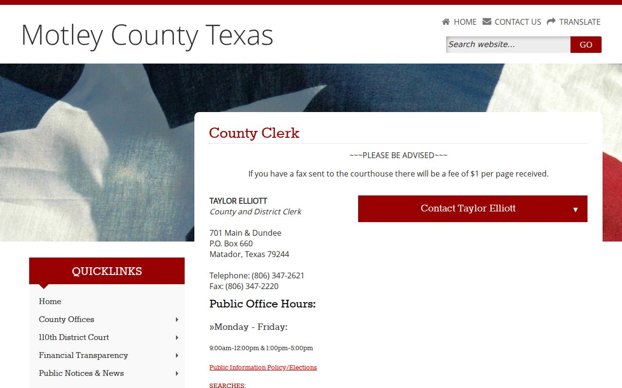 Motley County criminal court records combined clerk contact page