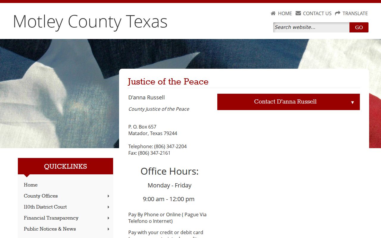 Motley County criminal warrant Justice Court contact page
